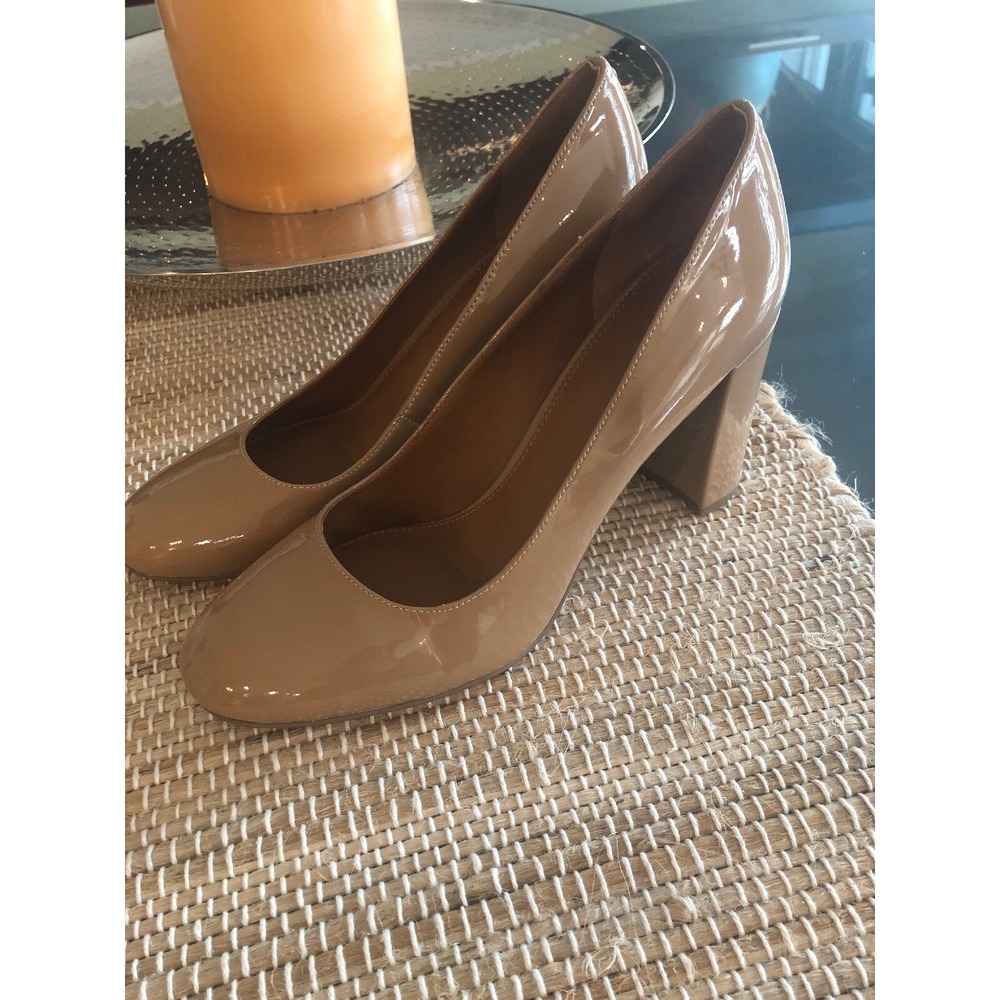 Franco Sarto Aziza Beige Patent Leather Round Toe Block Heel Pumps Women 10